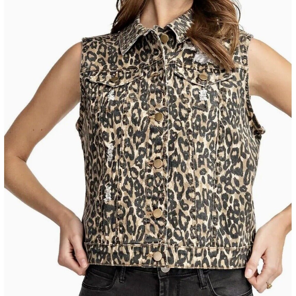 Easel Women Size S Leopard Print Distressed Twill Cropped Vest Boho Country